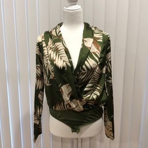 Wrapover Satin Palm Print Bodysuit